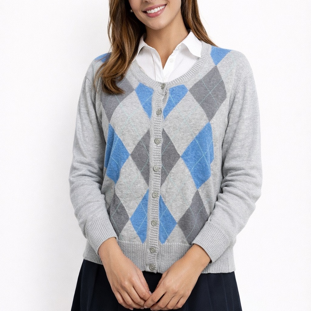 Sonoma 100% Cotton Gray & Blue Argyle Cardigan Sweater Long Sleeve XL